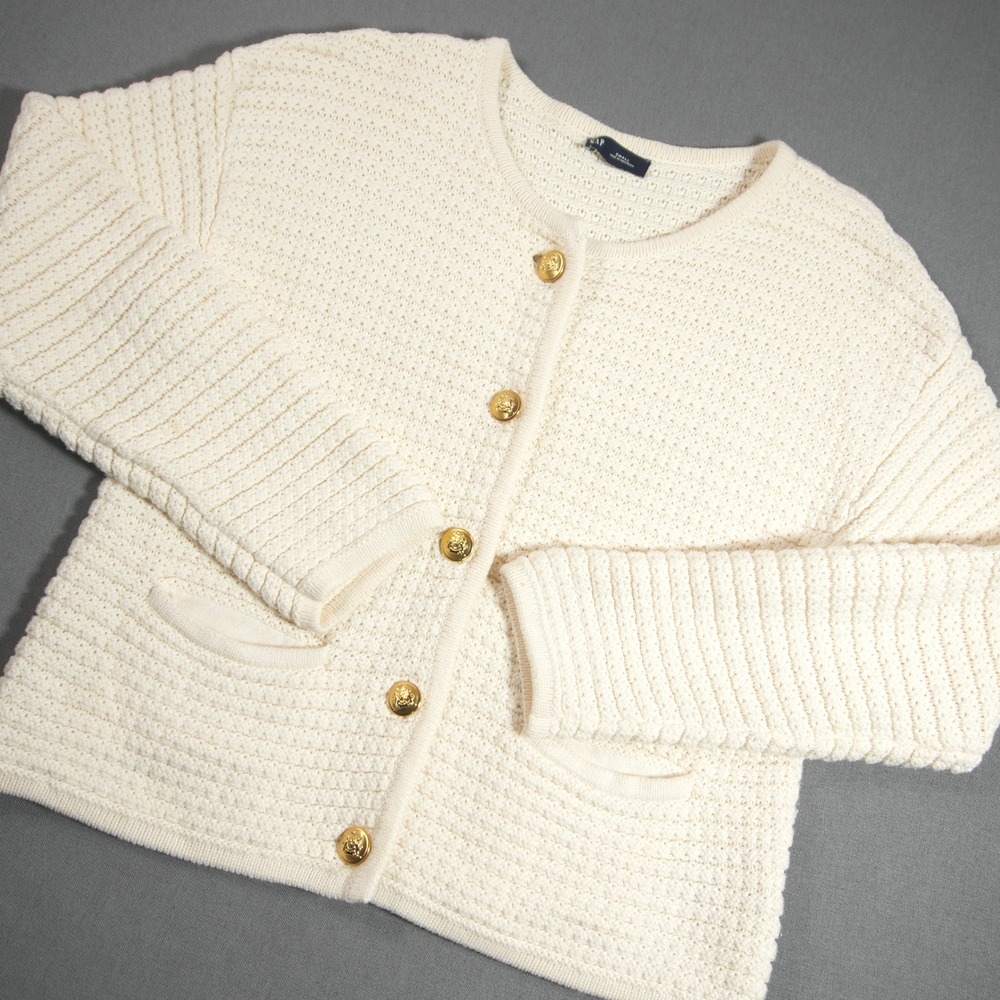 Gap Knit Gold Crest Button Cotton S Women Cardigan Prep Coastal Ivory Ivy Office